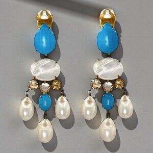 Bounkit Chandelier Earrings 14K Gold Plated Turquoise Pearls Clip-On 2-Ways